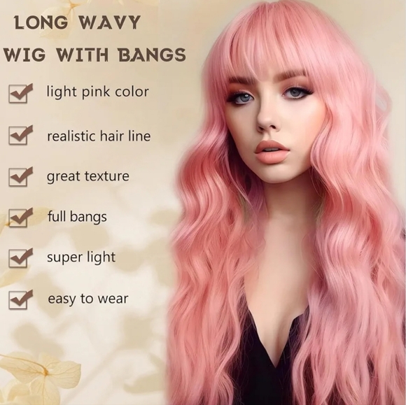 26 Inch Natural Looking Heat Resistant Synthetic Light Pink Wavy Wig with Bangs - Picture 2 of 7